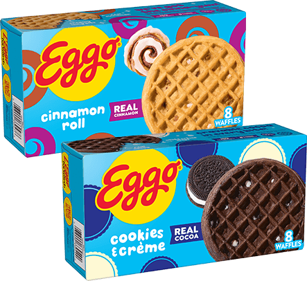 A package of Eggo Cinnamon Waffles and Cookies and Creme waffles