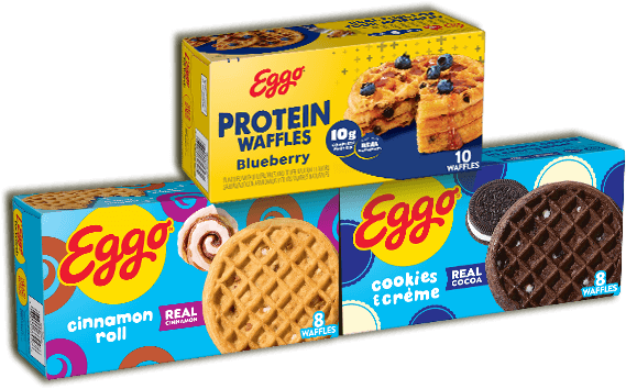 A package of Eggo protein waffles, Cinnamon Waffles and Cookies and Creme waffles