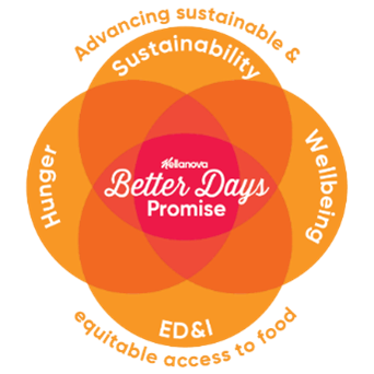 Infographic with the Kellogg's Better Days Promise logo in the center. Sustainability, Hunger, Wellbeing, ED and I, are surrounding the logo and intersecting in circles. Advancing sustainable and equitable access to food surrounds the graphic on the outside.