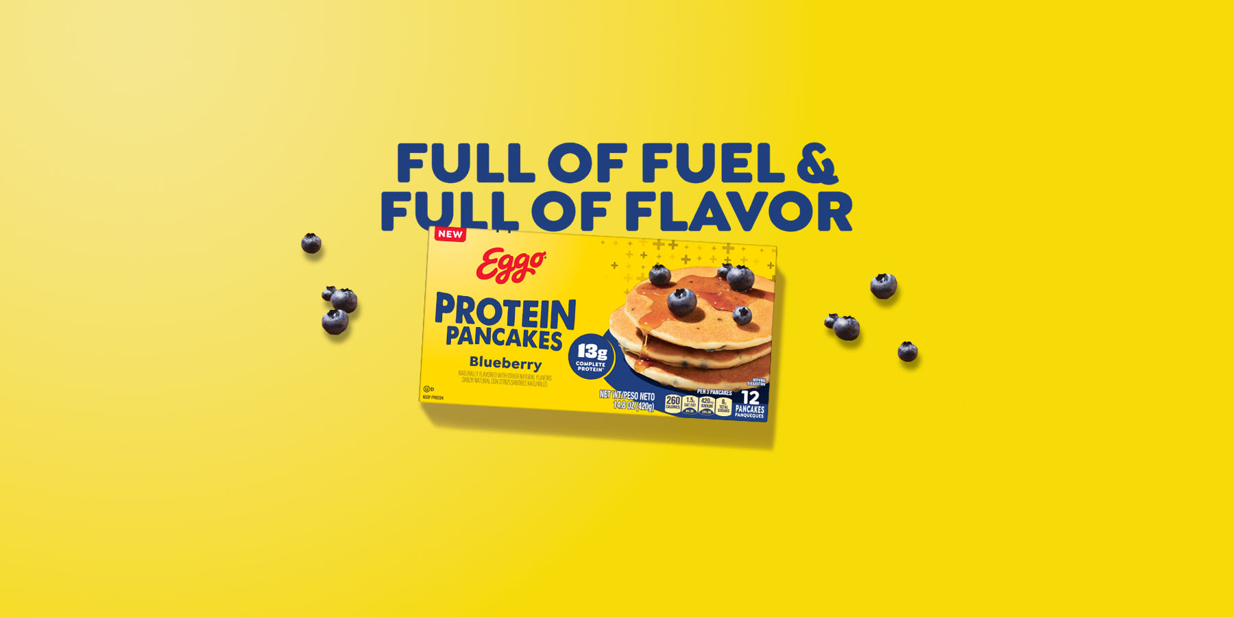 Full of fuel and full of flavor - Eggo protien pancake package shown with blueberries